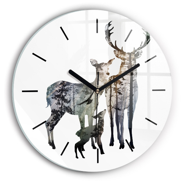 Round glass wall clock Deer family