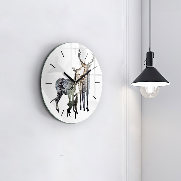 Round glass wall clock Deer family