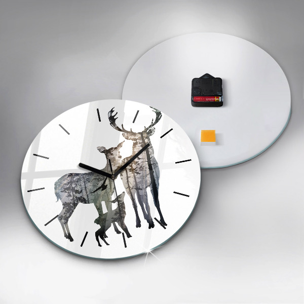 Round glass wall clock Deer family