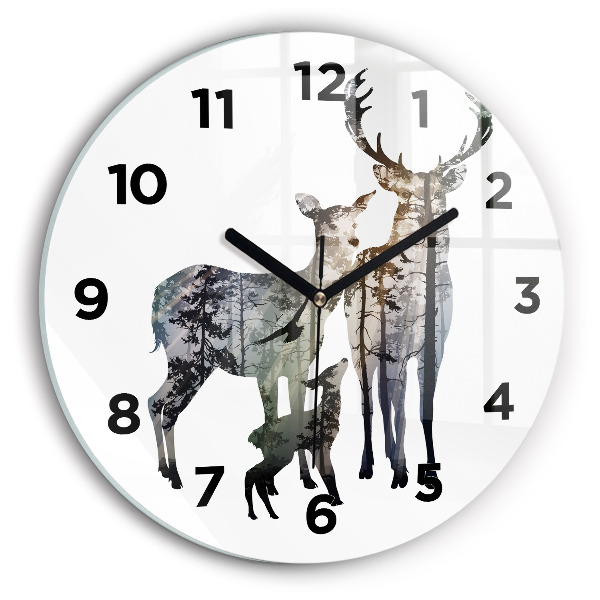 Round glass wall clock Deer family