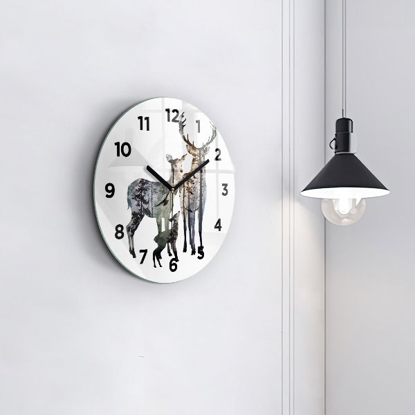 Round glass wall clock Deer family