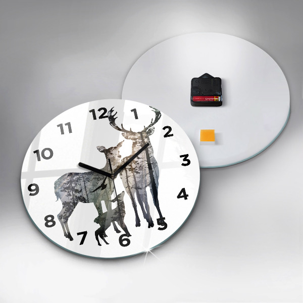 Round glass wall clock Deer family