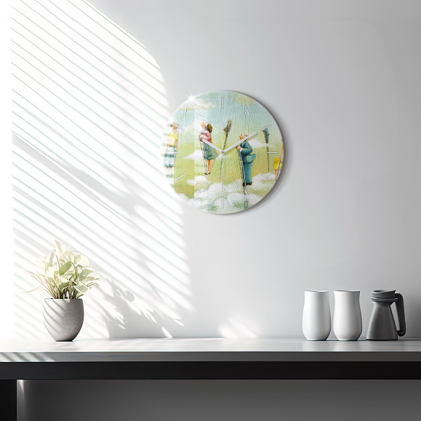Round glass wall clock People on ladders