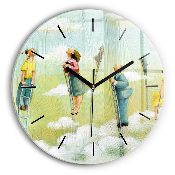 Round glass wall clock People on ladders
