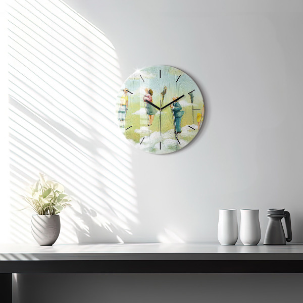 Round glass wall clock People on ladders