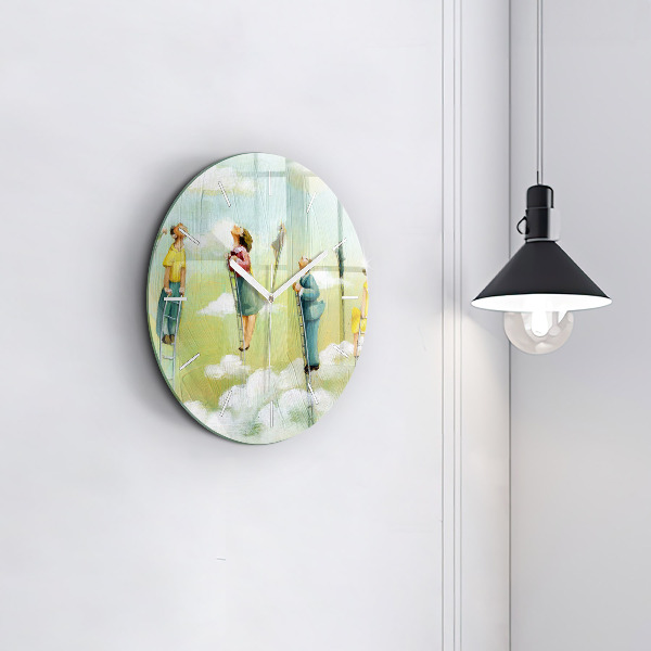 Round glass wall clock People on ladders