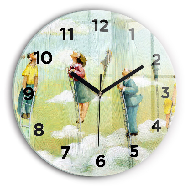 Round glass wall clock People on ladders