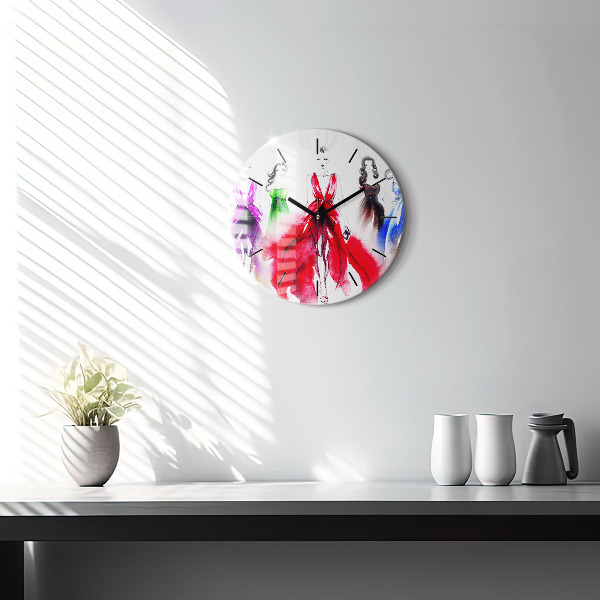 Round glass wall clock Women in colorful dresses