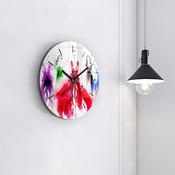 Round glass wall clock Women in colorful dresses