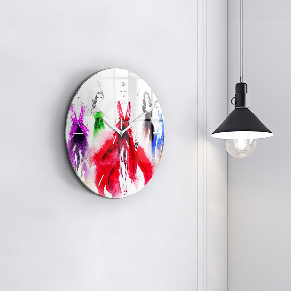 Round glass wall clock Women in colorful dresses