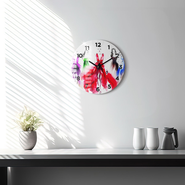 Round glass wall clock Women in colorful dresses