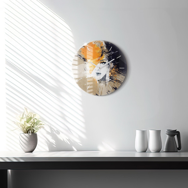 Round glass wall clock Portrait of a woman abstract