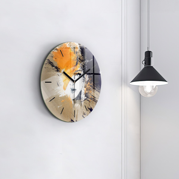Round glass wall clock Portrait of a woman abstract