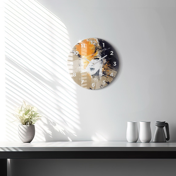 Round glass wall clock Portrait of a woman abstract