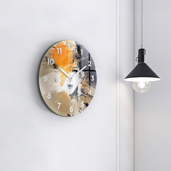 Round glass wall clock Portrait of a woman abstract