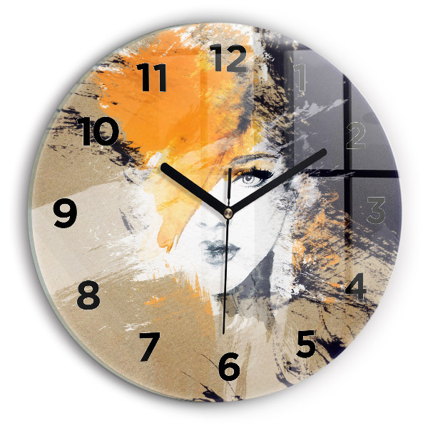 Round glass wall clock Portrait of a woman abstract