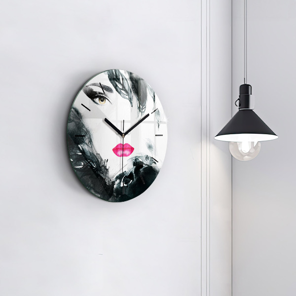 Round glass wall clock Portrait of a woman red lips