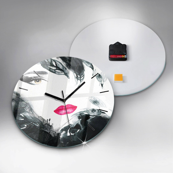 Round glass wall clock Portrait of a woman red lips