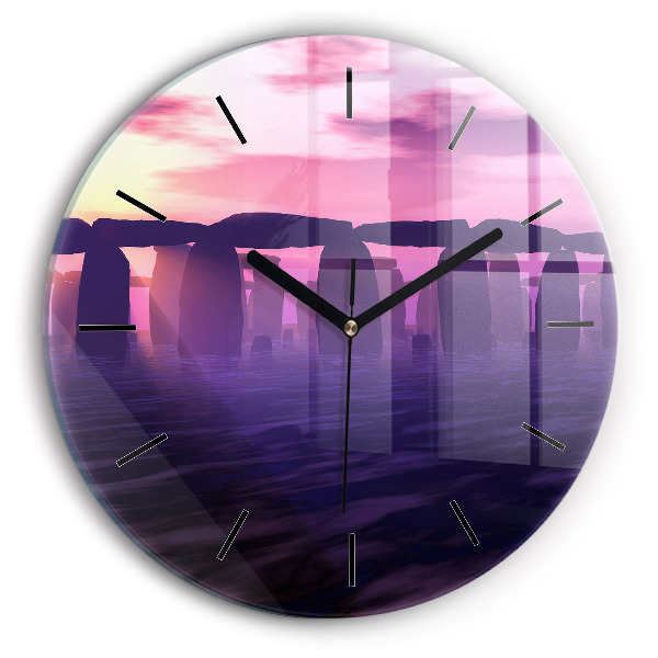 Round glass wall clock Sunset at Stonehenge