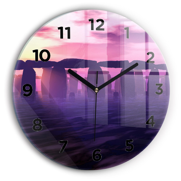 Round glass wall clock Sunset at Stonehenge