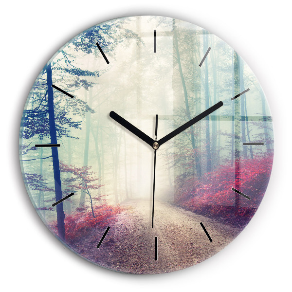 Round glass wall clock Autumn road Forest Fog