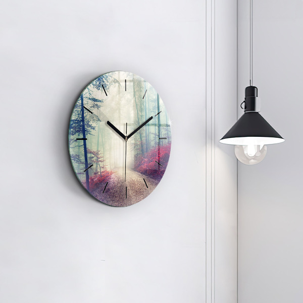 Round glass wall clock Autumn road Forest Fog