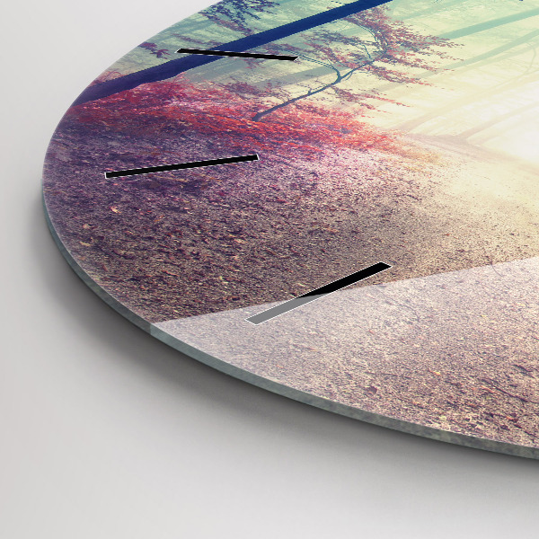 Round glass wall clock Autumn road Forest Fog