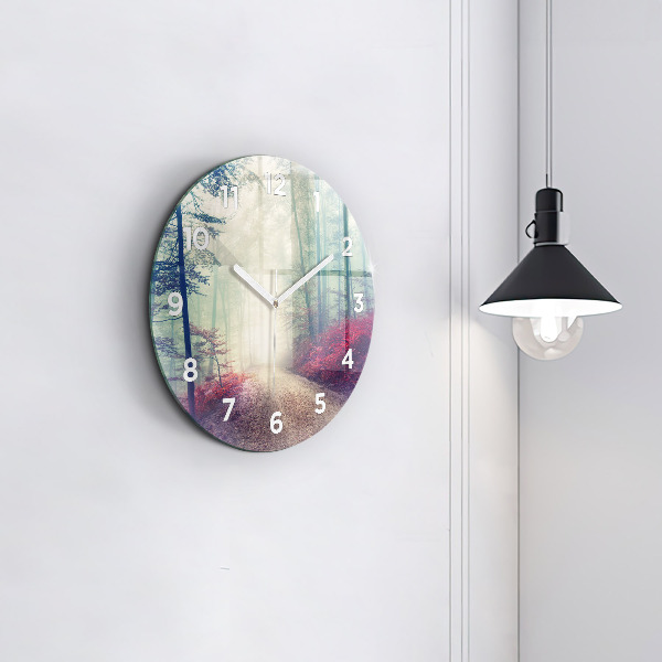 Round glass wall clock Autumn road Forest Fog