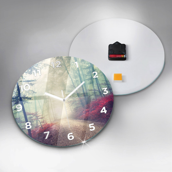 Round glass wall clock Autumn road Forest Fog