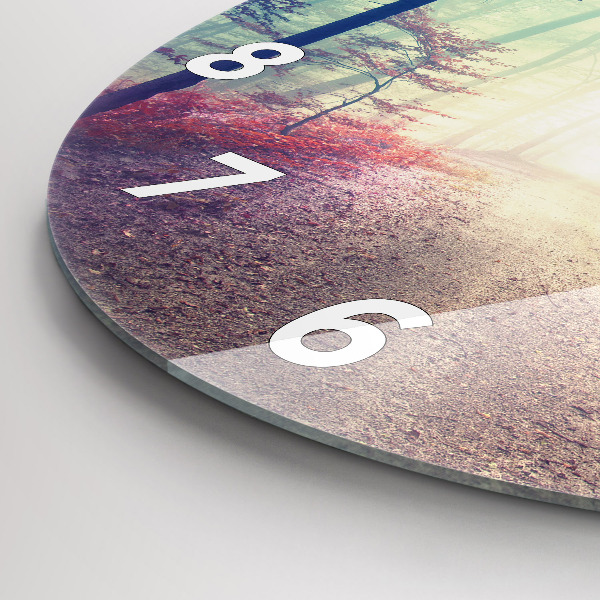 Round glass wall clock Autumn road Forest Fog