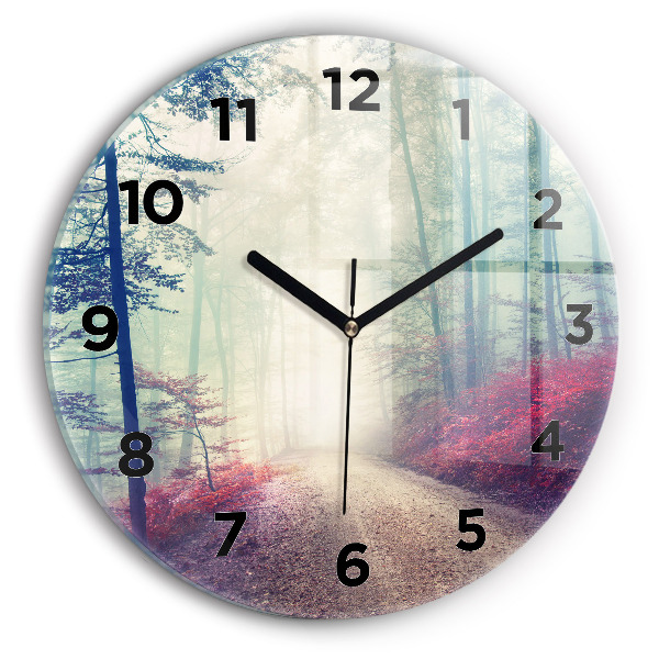 Round glass wall clock Autumn road Forest Fog
