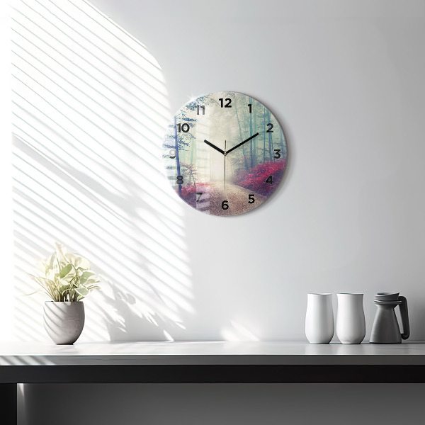 Round glass wall clock Autumn road Forest Fog