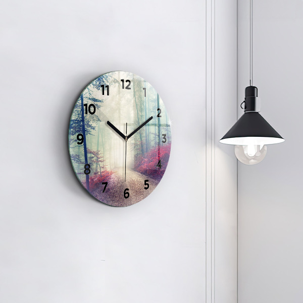 Round glass wall clock Autumn road Forest Fog