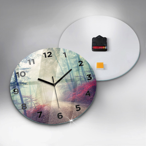 Round glass wall clock Autumn road Forest Fog