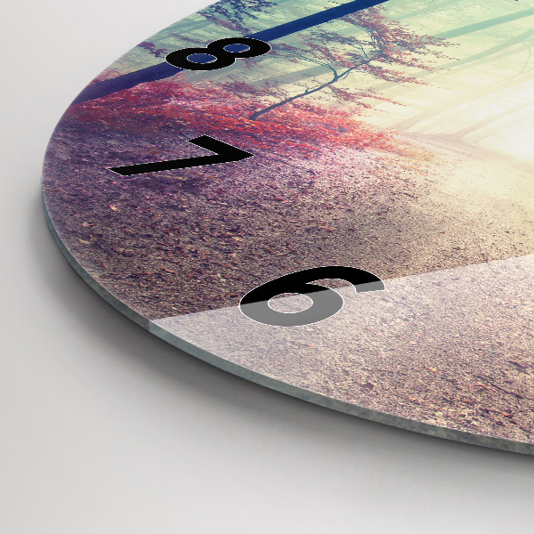 Round glass wall clock Autumn road Forest Fog