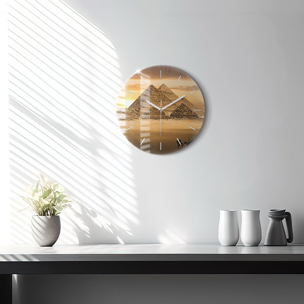 Round glass wall clock Pyramids and sunset