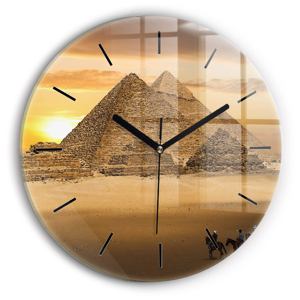Round glass wall clock Pyramids and sunset