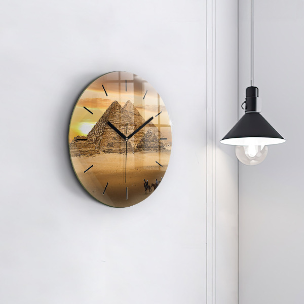 Round glass wall clock Pyramids and sunset