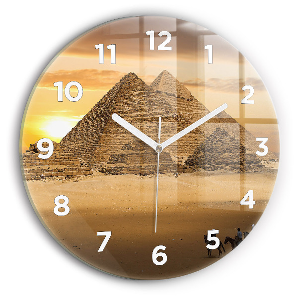 Round glass wall clock Pyramids and sunset