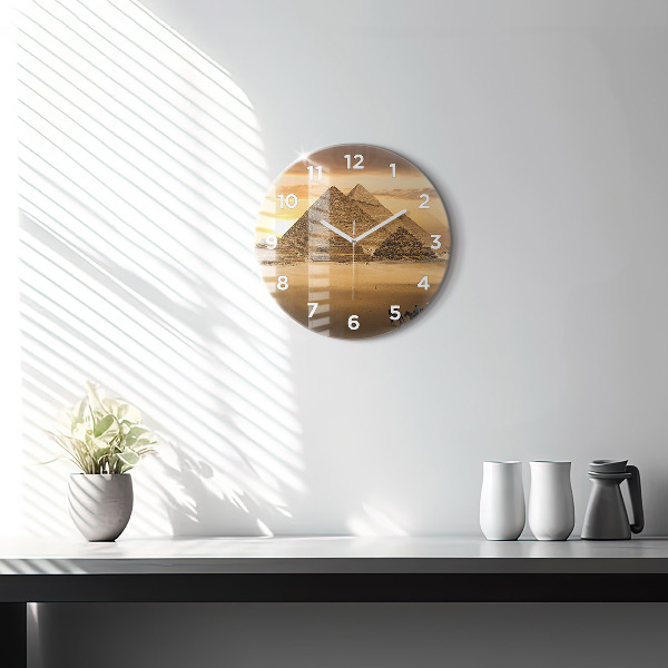 Round glass wall clock Pyramids and sunset