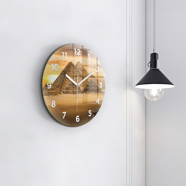Round glass wall clock Pyramids and sunset
