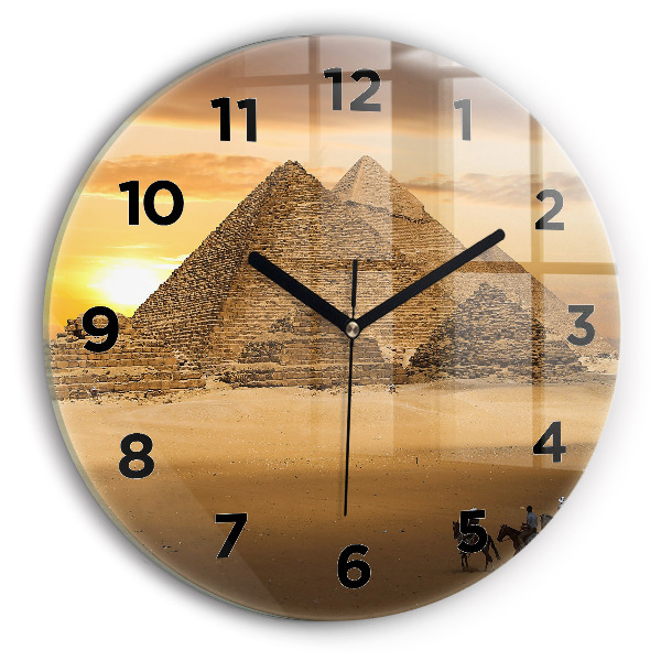 Round glass wall clock Pyramids and sunset