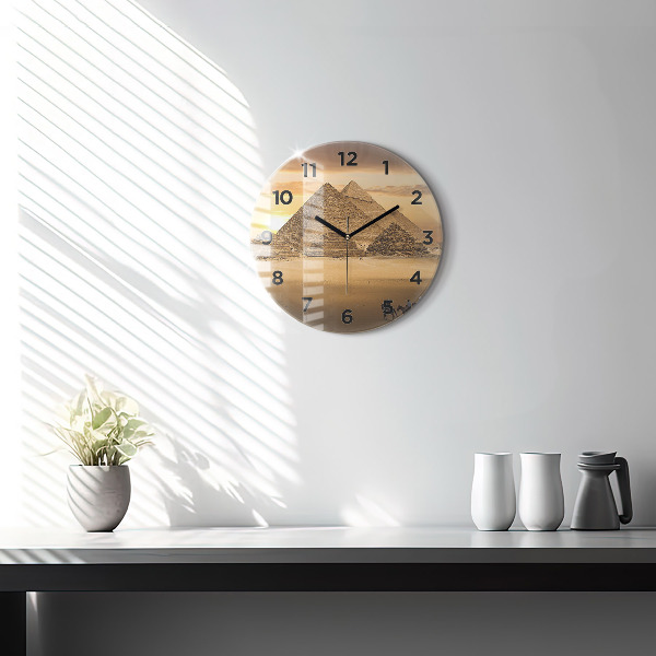 Round glass wall clock Pyramids and sunset