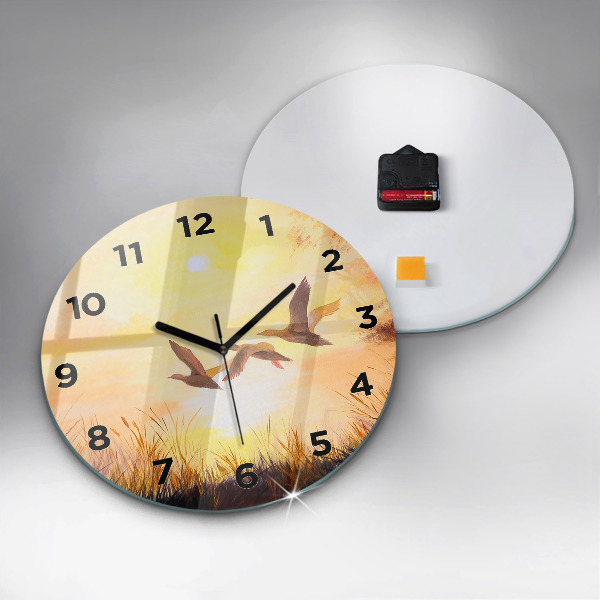 Round glass wall clock Cranes at sunset