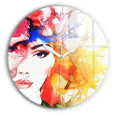 Round glass wall clock Colorful portrait of a woman