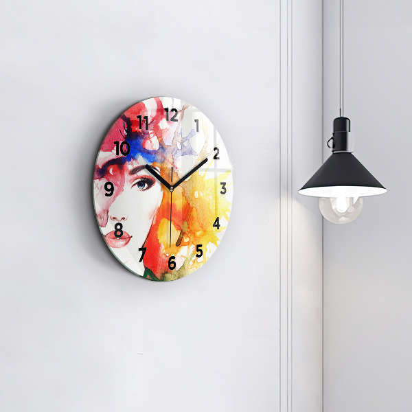Round glass wall clock Colorful portrait of a woman