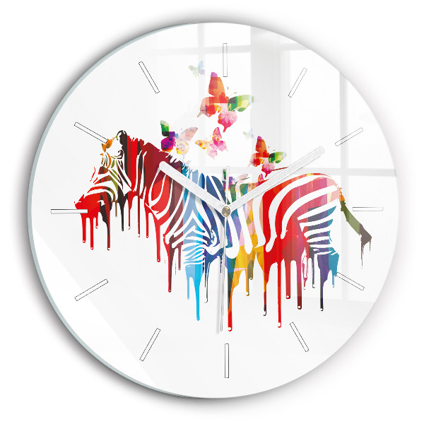 Round glass wall clock Colorful zebra