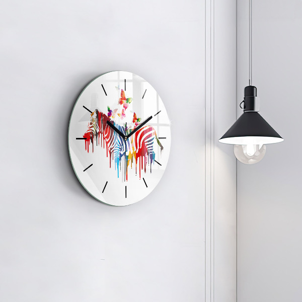 Round glass wall clock Colorful zebra