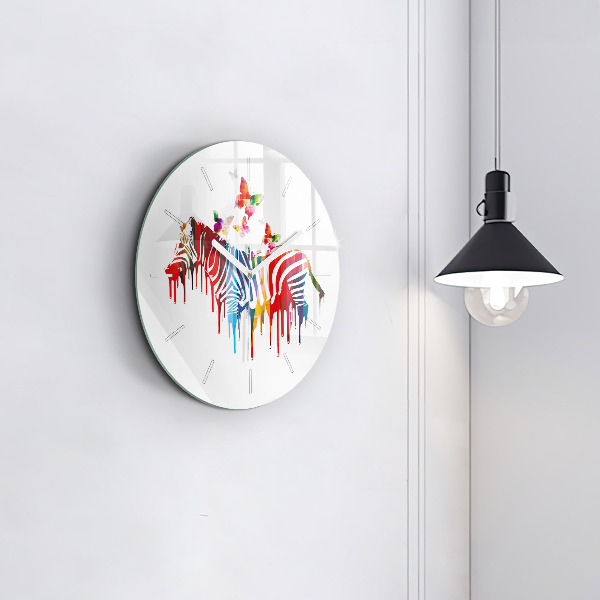Round glass wall clock Colorful zebra
