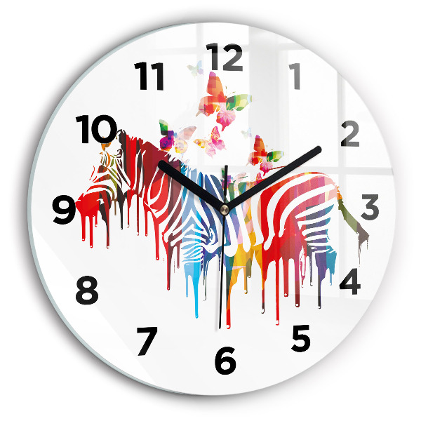 Round glass wall clock Colorful zebra